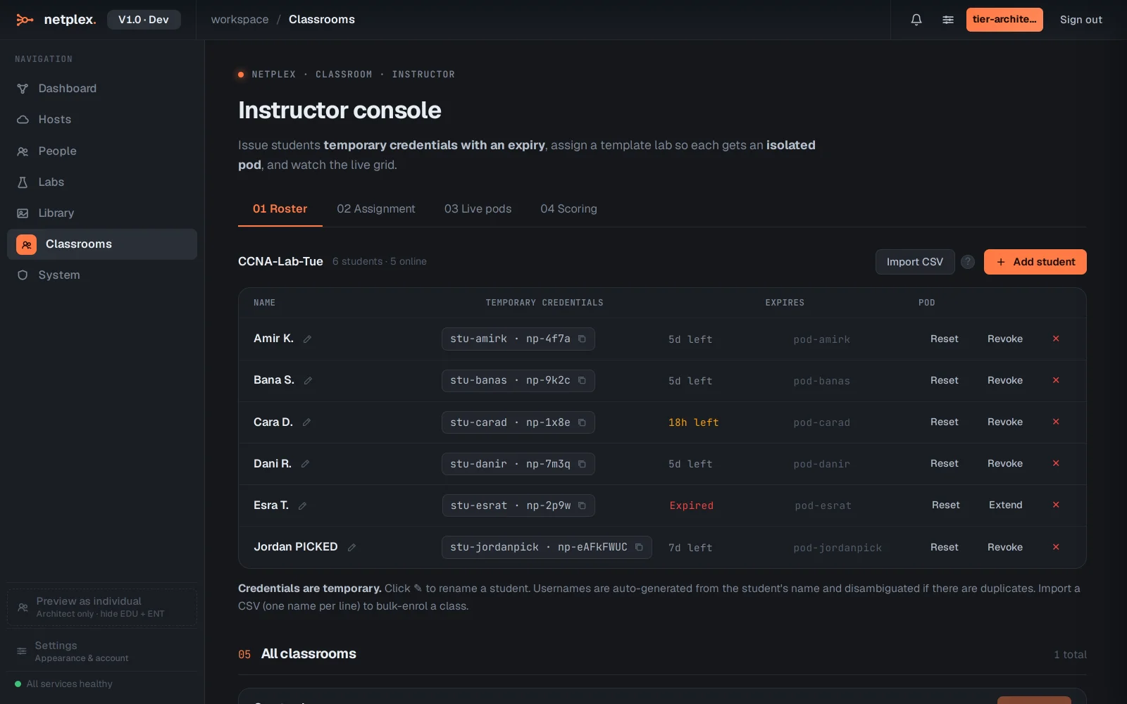 Step 2: The instructor console: roster, assignment, pods and scoring