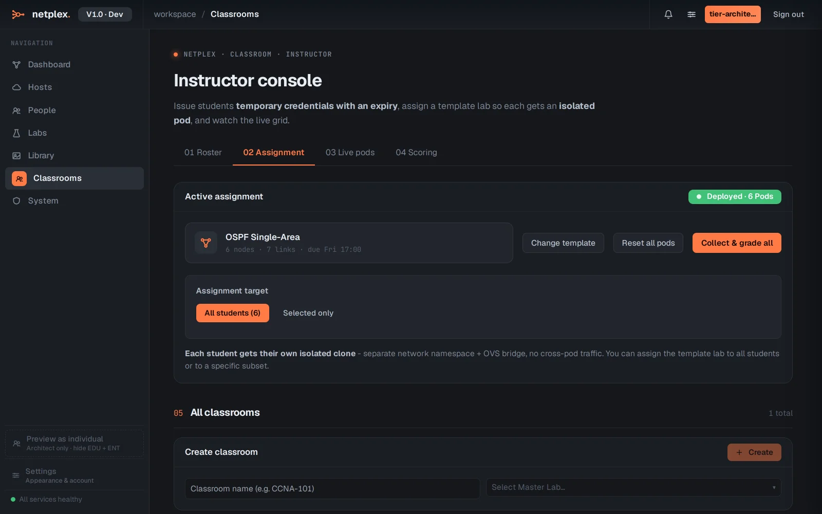 Step 3: The instructor console: roster, assignment, pods and scoring