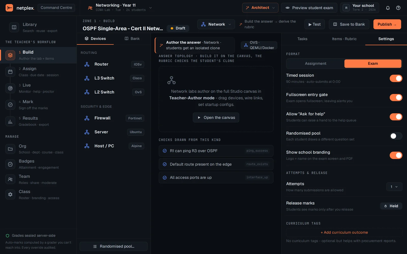 Step 2: Exam mode: fullscreen lock and randomised question pools