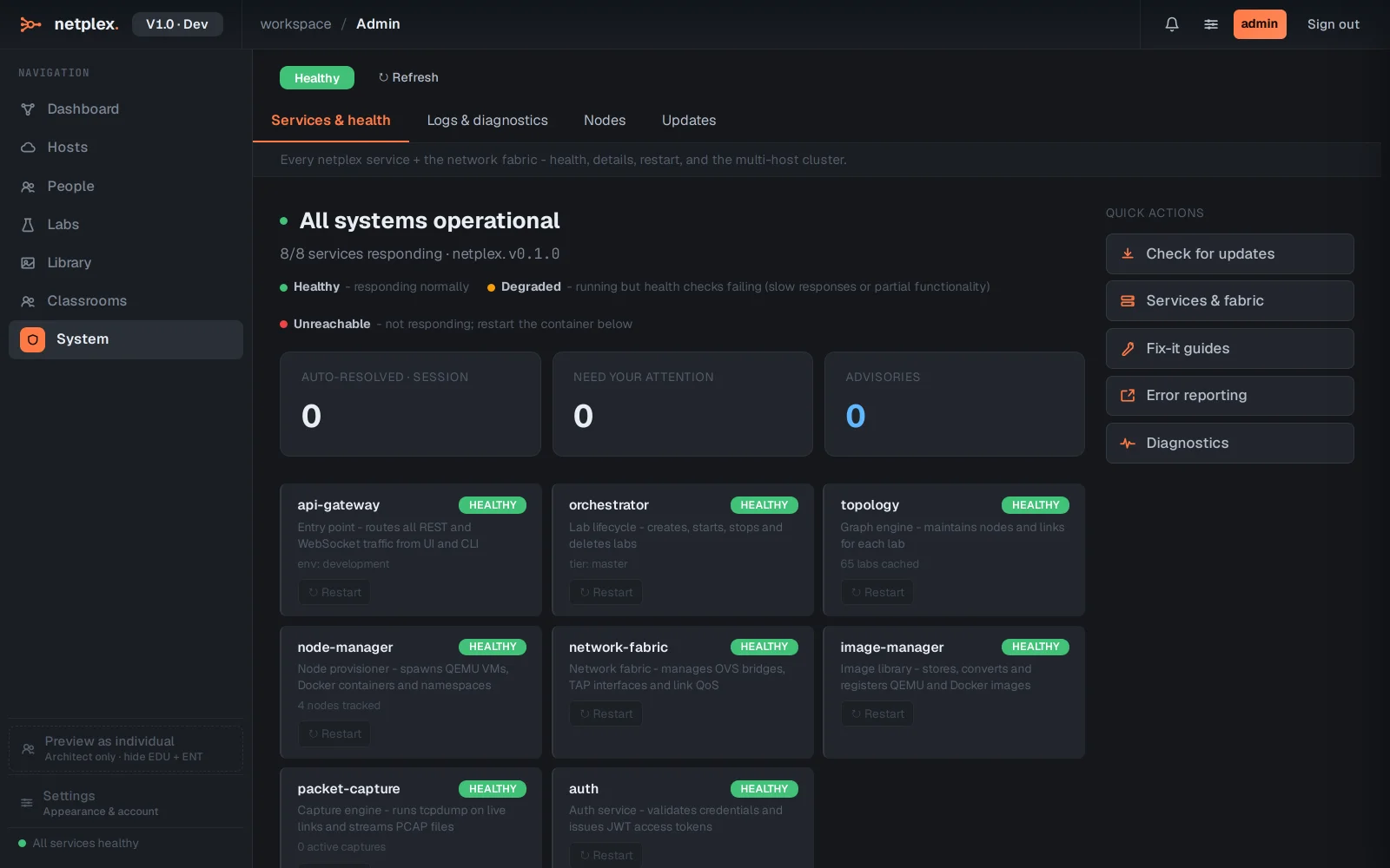 Step 1: The System page: health, logs and updates